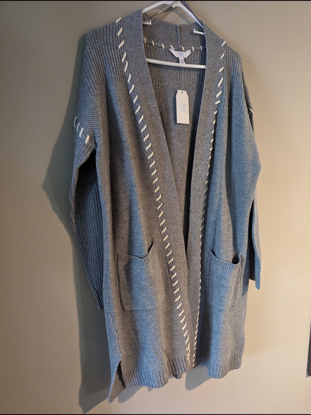 Time and Tru Gray Open-Front Knit Cardigan with Whipstitch Detail